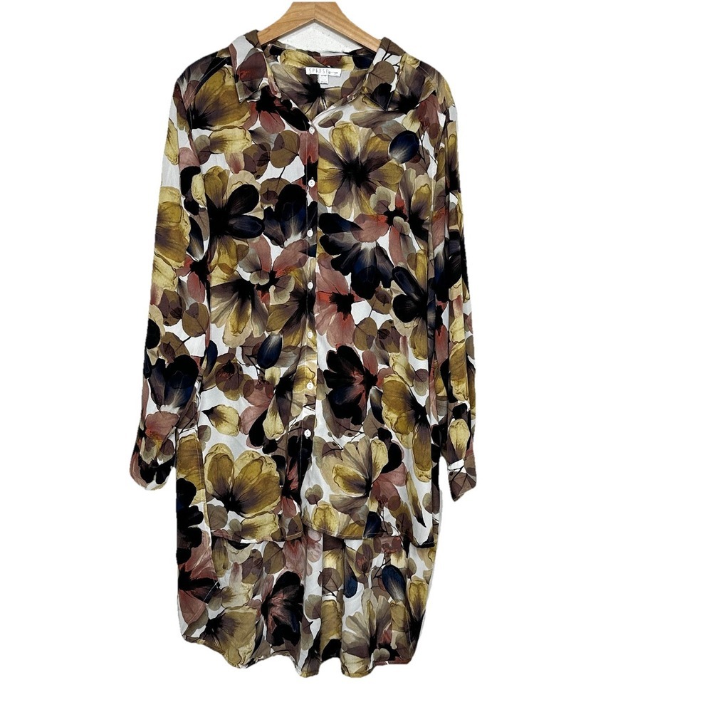 Spense 1X Neutral Floral Button Down Blouse High Low Polyester Whimsigoth Retro